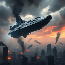A dramatic scene depicting a colossal, futuristic destroyer hovering over a devastated landscape of three cities, with skyscrapers crumbling and smoke billowing into the sky
