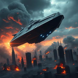 A dramatic scene depicting a colossal, futuristic destroyer hovering over a devastated landscape of three cities, with skyscrapers crumbling and smoke billowing into the sky