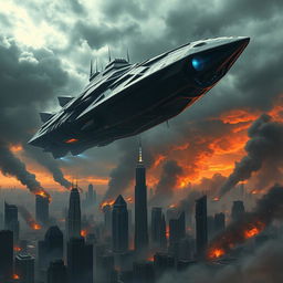 A dramatic scene depicting a colossal, futuristic destroyer hovering over a devastated landscape of three cities, with skyscrapers crumbling and smoke billowing into the sky