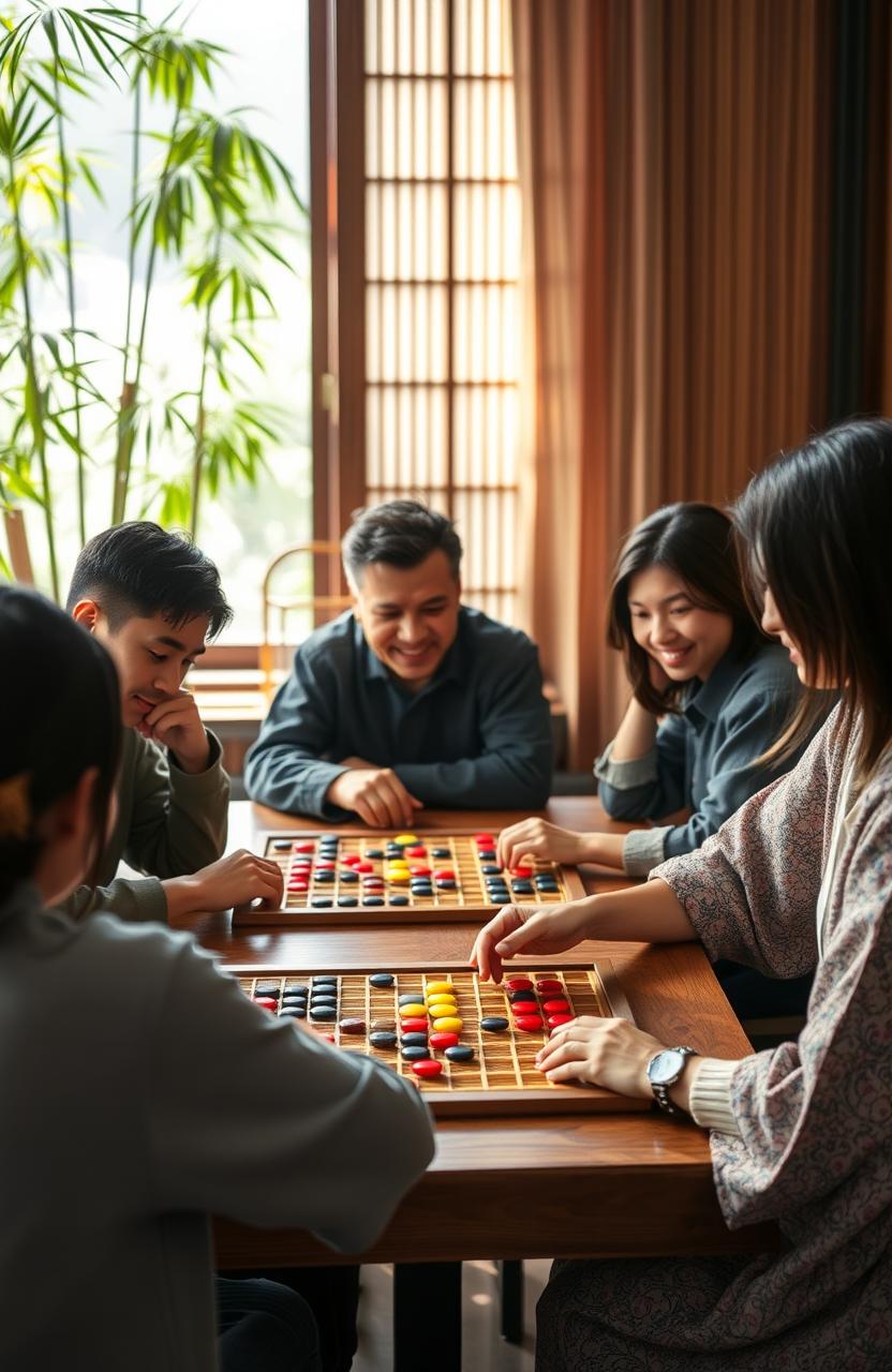 A serene and beautiful scene depicting a group of beginner baduk (Go) players seated at a wooden table, intently focused on their games