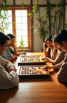 A serene and beautiful scene depicting a group of beginner baduk (Go) players seated at a wooden table, intently focused on their games