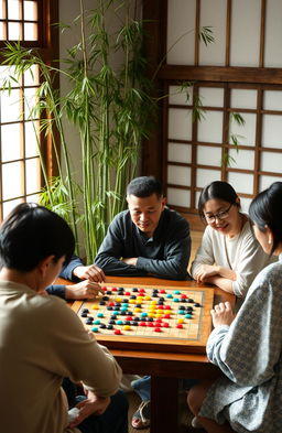 A serene and beautiful scene depicting a group of beginner baduk (Go) players seated at a wooden table, intently focused on their games