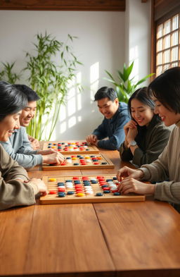 A serene and beautiful scene depicting a group of beginner baduk (Go) players seated at a wooden table, intently focused on their games