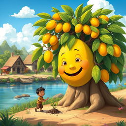 A whimsical illustration of a small village scene featuring a kind boy named Ravi, excitedly planting an ancient seed near a river