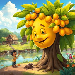 A whimsical illustration of a small village scene featuring a kind boy named Ravi, excitedly planting an ancient seed near a river