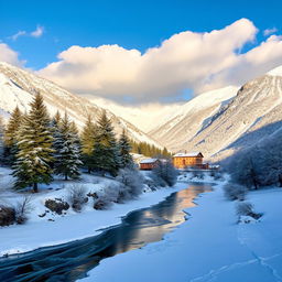 A breathtaking winter landscape of Bamiyan, Afghanistan, featuring snow-covered mountains, lush pine trees coated in frost, and a serene blue sky