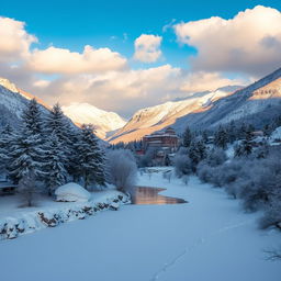A breathtaking winter landscape of Bamiyan, Afghanistan, featuring snow-covered mountains, lush pine trees coated in frost, and a serene blue sky