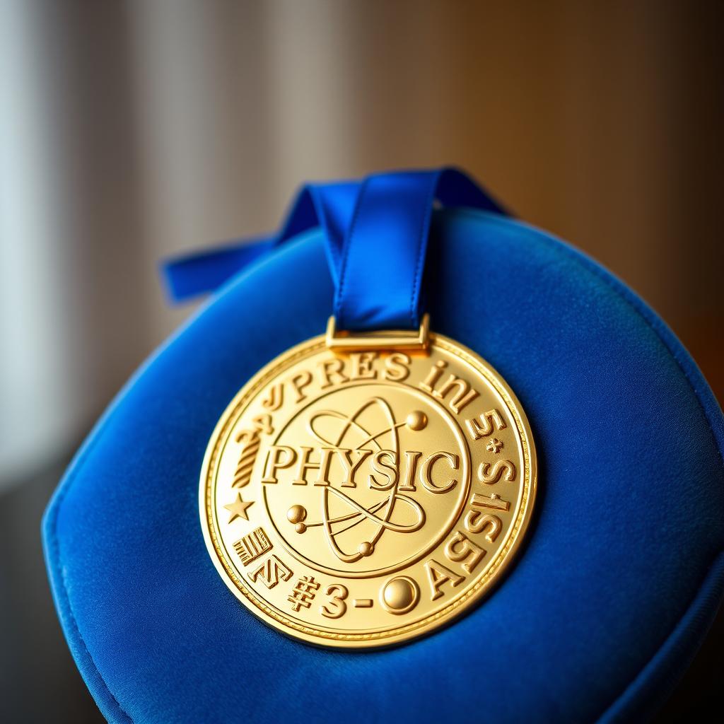 A stunning gold medal representing excellence in physics, intricately designed with motifs such as atoms, electrons, and various scientific symbols