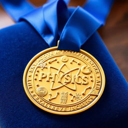 A stunning gold medal representing excellence in physics, intricately designed with motifs such as atoms, electrons, and various scientific symbols
