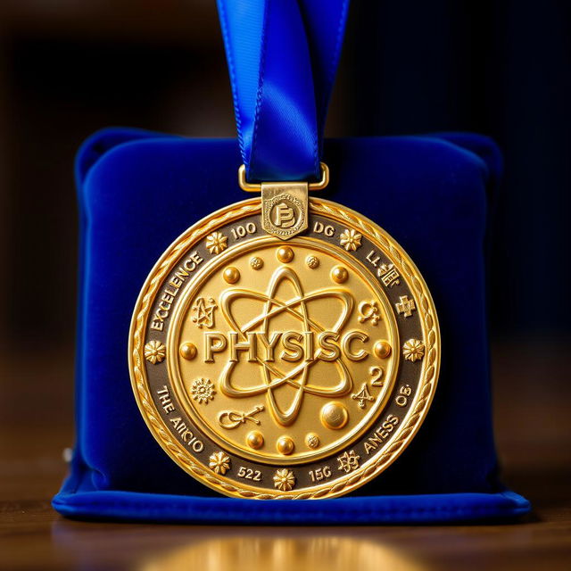 A stunning gold medal representing excellence in physics, intricately designed with motifs such as atoms, electrons, and various scientific symbols