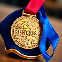 A stunning gold medal representing excellence in physics, intricately designed with motifs such as atoms, electrons, and various scientific symbols