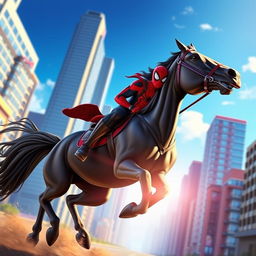 A dynamic and adventurous scene featuring Spider-Man (Miles Morales) riding a majestic horse through a vibrant cityscape