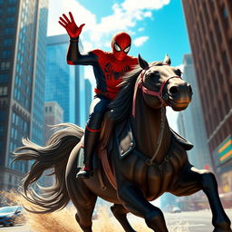 A dynamic and adventurous scene featuring Spider-Man (Miles Morales) riding a majestic horse through a vibrant cityscape