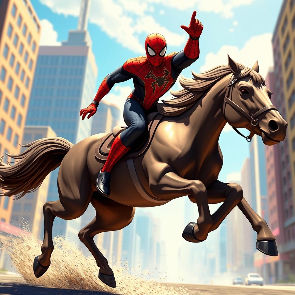 A dynamic and adventurous scene featuring Spider-Man (Miles Morales) riding a majestic horse through a vibrant cityscape
