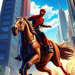 A dynamic and adventurous scene featuring Spider-Man (Miles Morales) riding a majestic horse through a vibrant cityscape