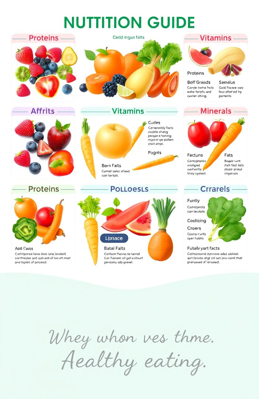 A comprehensive and visually engaging nutrition guide poster, featuring a colorful array of fruits and vegetables such as berries, apples, carrots, and leafy greens