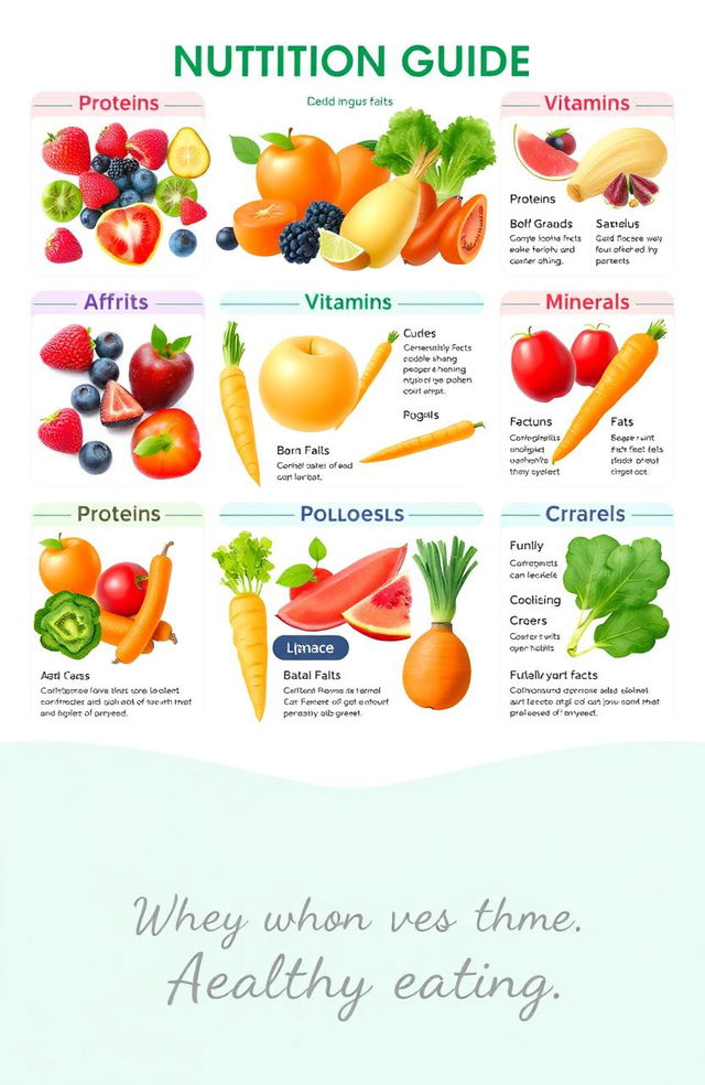 A comprehensive and visually engaging nutrition guide poster, featuring a colorful array of fruits and vegetables such as berries, apples, carrots, and leafy greens