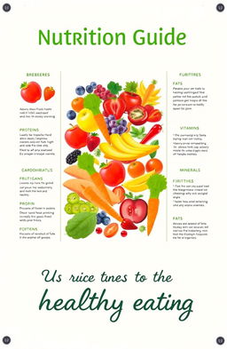 A comprehensive and visually engaging nutrition guide poster, featuring a colorful array of fruits and vegetables such as berries, apples, carrots, and leafy greens