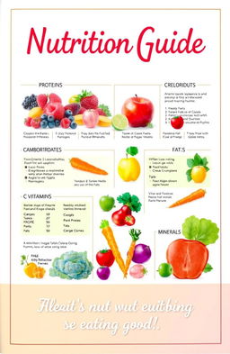 A comprehensive and visually engaging nutrition guide poster, featuring a colorful array of fruits and vegetables such as berries, apples, carrots, and leafy greens