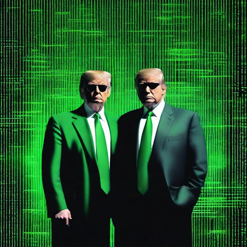 A top-notch, digital art image of Donald Trump in the style of an NFT, incorporating elements from The Matrix and featuring Jan Wik