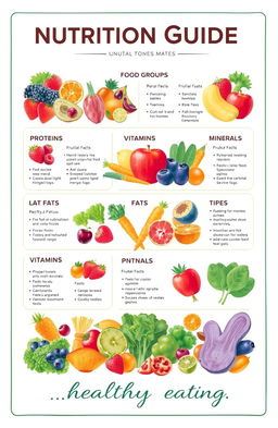 A comprehensive and visually engaging nutrition guide poster, featuring a colorful array of fruits and vegetables such as berries, apples, carrots, and leafy greens