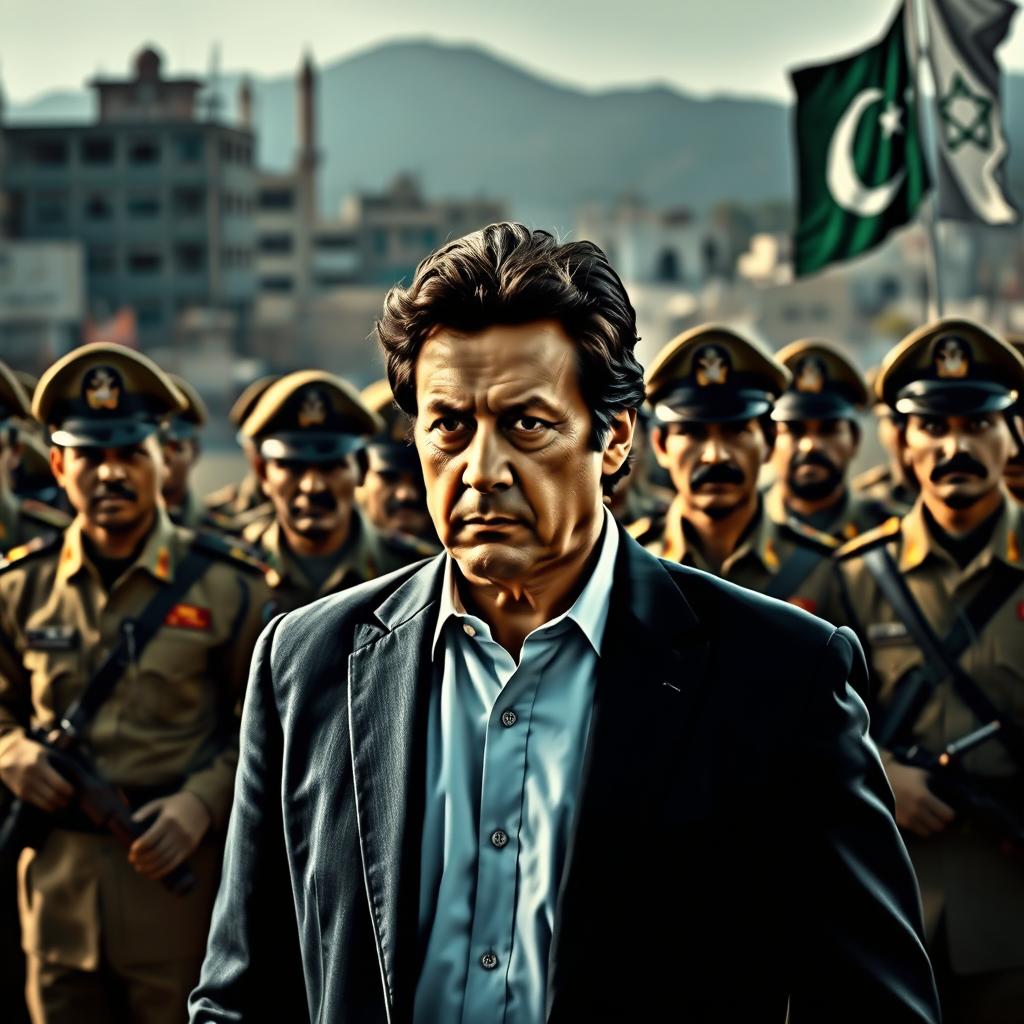 A dramatic scene depicting Imran Khan, the former Prime Minister of Pakistan, in a tense confrontation with the Pakistan Army