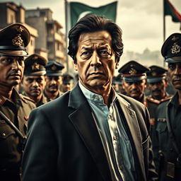 A dramatic scene depicting Imran Khan, the former Prime Minister of Pakistan, in a tense confrontation with the Pakistan Army