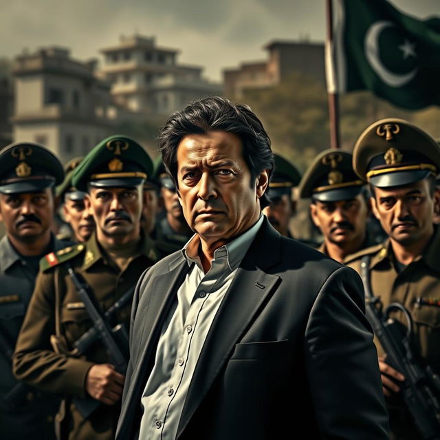 A dramatic scene depicting Imran Khan, the former Prime Minister of Pakistan, in a tense confrontation with the Pakistan Army