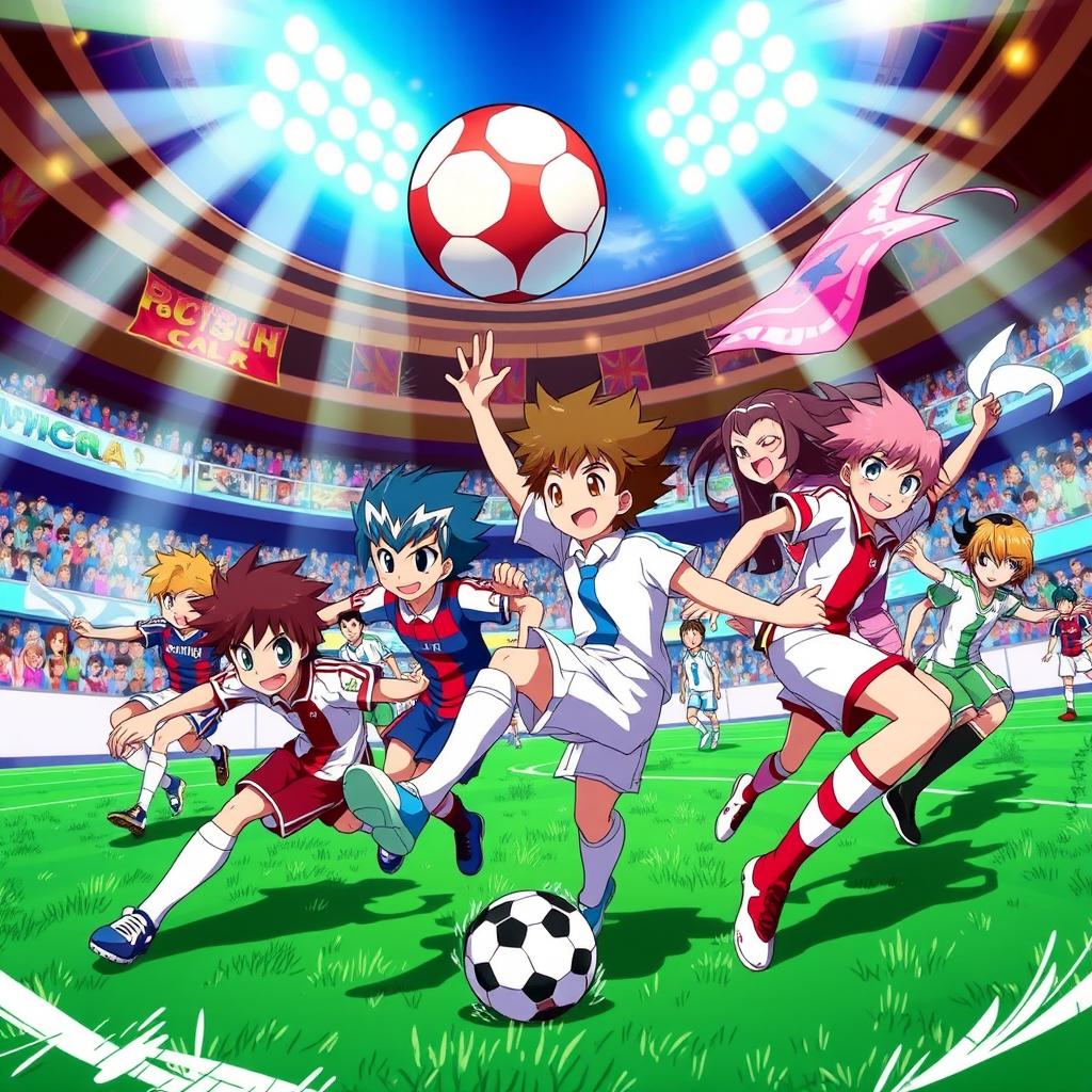 A dynamic and vibrant wallpaper featuring characters from Inazuma Eleven engaged in an exciting soccer match