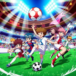 A dynamic and vibrant wallpaper featuring characters from Inazuma Eleven engaged in an exciting soccer match