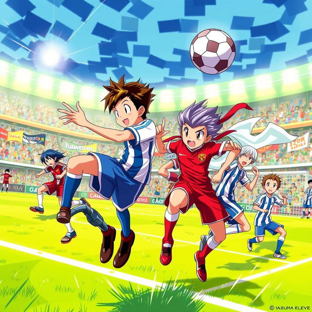 A dynamic and vibrant wallpaper featuring characters from Inazuma Eleven engaged in an exciting soccer match