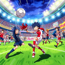 A dynamic and vibrant wallpaper featuring characters from Inazuma Eleven engaged in an exciting soccer match