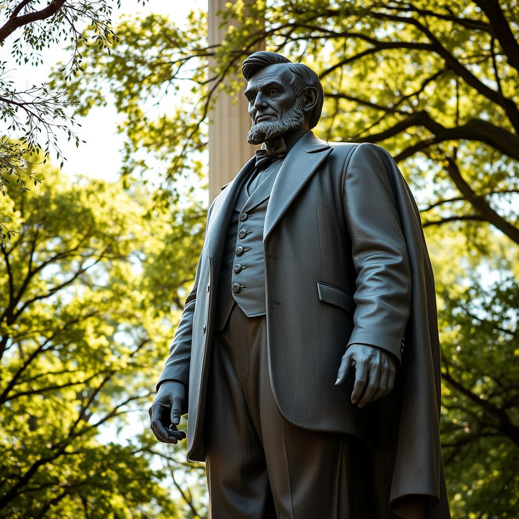 A grand statue of Abraham Lincoln standing tall, captured in a majestic and reverent atmosphere