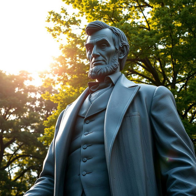 A grand statue of Abraham Lincoln standing tall, captured in a majestic and reverent atmosphere