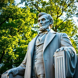 A grand statue of Abraham Lincoln standing tall, captured in a majestic and reverent atmosphere