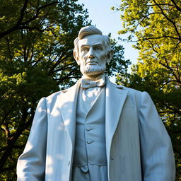 A grand statue of Abraham Lincoln standing tall, captured in a majestic and reverent atmosphere