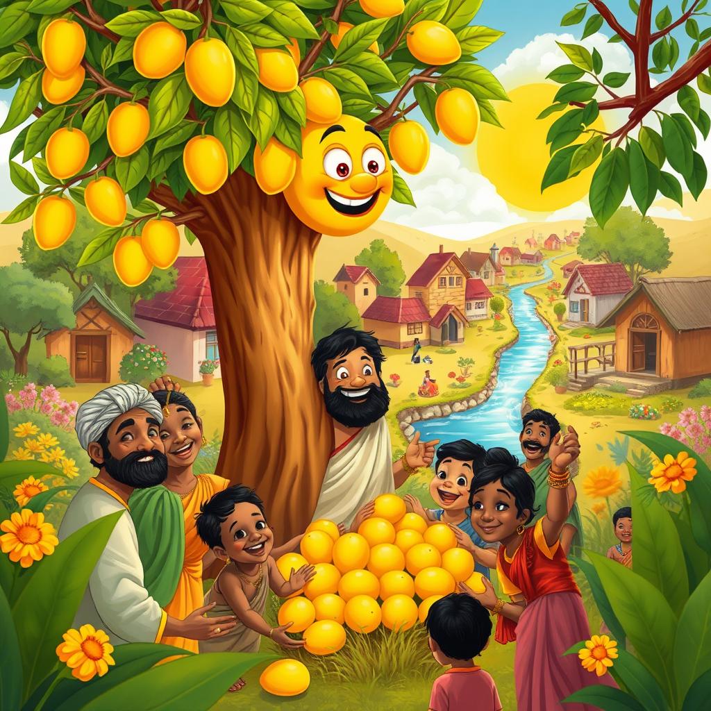 A heartwarming illustration of a kind village scene featuring Ravi joyfully sharing sweet, ripe mangoes from his magical mango tree with delighted villagers