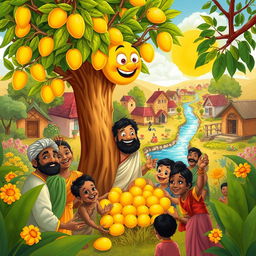 A heartwarming illustration of a kind village scene featuring Ravi joyfully sharing sweet, ripe mangoes from his magical mango tree with delighted villagers