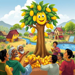 A heartwarming illustration of a kind village scene featuring Ravi joyfully sharing sweet, ripe mangoes from his magical mango tree with delighted villagers