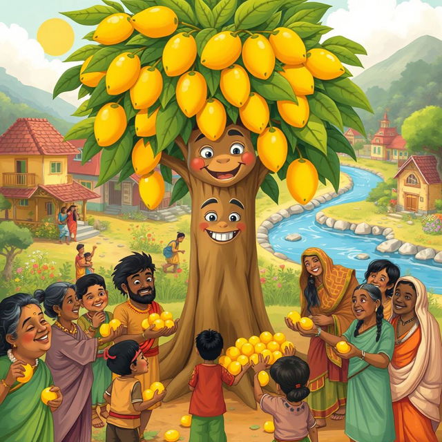 A heartwarming illustration of a kind village scene featuring Ravi joyfully sharing sweet, ripe mangoes from his magical mango tree with delighted villagers