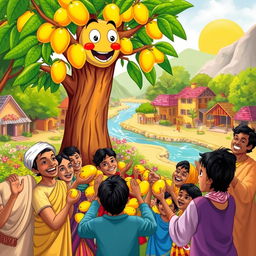 A heartwarming illustration of a kind village scene featuring Ravi joyfully sharing sweet, ripe mangoes from his magical mango tree with delighted villagers