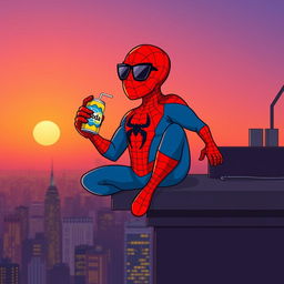 A whimsical cartoon illustration of Spider-Man, sitting casually on a rooftop at sunset, enjoying a soda