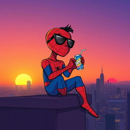 A whimsical cartoon illustration of Spider-Man, sitting casually on a rooftop at sunset, enjoying a soda