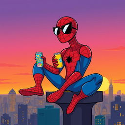 A whimsical cartoon illustration of Spider-Man, sitting casually on a rooftop at sunset, enjoying a soda