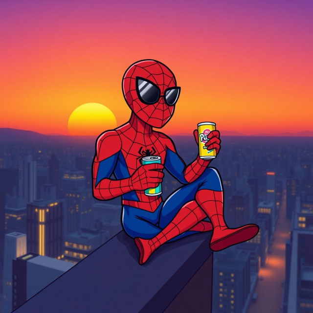 A whimsical cartoon illustration of Spider-Man, sitting casually on a rooftop at sunset, enjoying a soda