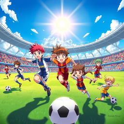 A vibrant full wallpaper featuring characters from Inazuma Eleven, showcasing a dynamic soccer field setting