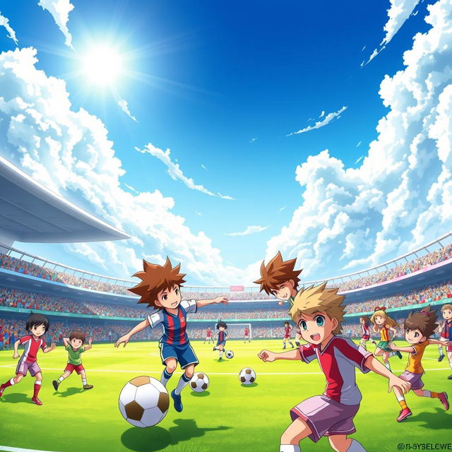 A vibrant full wallpaper featuring characters from Inazuma Eleven, showcasing a dynamic soccer field setting