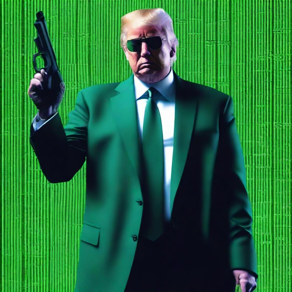 A high-quality, digital art image of Donald Trump in the style of an NFT, combining elements from The Matrix and John Wick