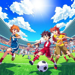 A vibrant full wallpaper featuring characters from Inazuma Eleven, showcasing a dynamic soccer field setting