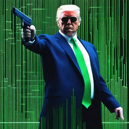 A high-quality, digital art image of Donald Trump in the style of an NFT, combining elements from The Matrix and John Wick